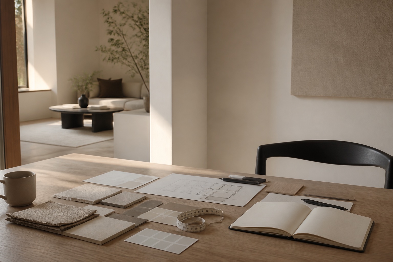 A quiet desk with home material samples, notes, and planning tools in warm daylight.